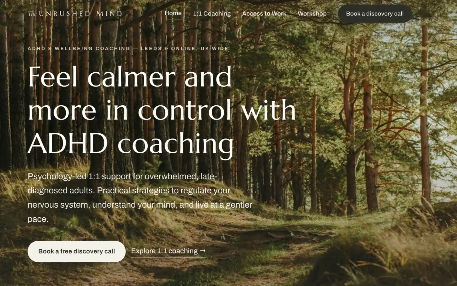 Homepage of theunrushedmind.com, our first client site